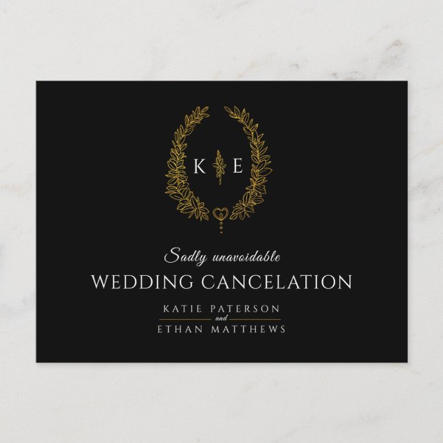 Wreath monogram wedding cancelation black gold announcement postcard (Front)