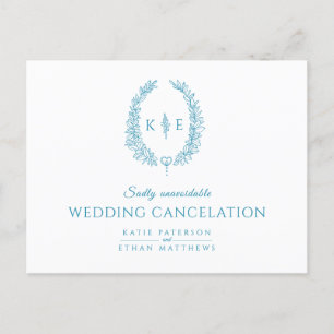 Wreath monogram wedding cancelation white teal announcement postcard