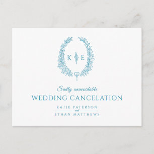 Wreath monogram wedding cancelation white teal announcement postcard