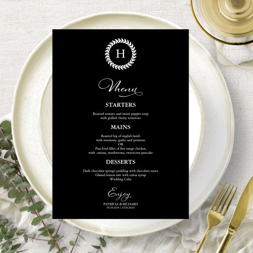 Wreath Monogram Wedding Menu Cards Black