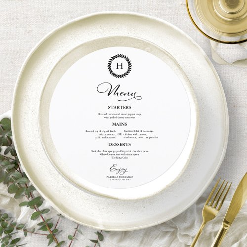 Wreath Monogram Wedding Menu Cards Black And White