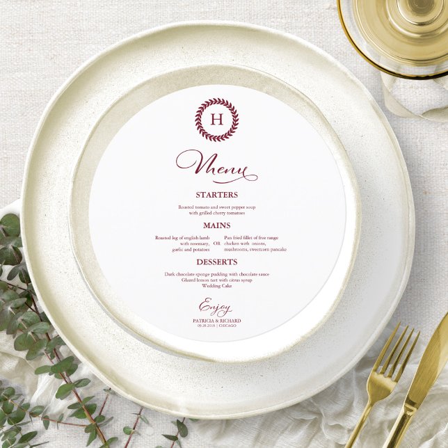 Wreath Monogram Wedding Menu Cards Burgundy (Creator Uploaded)