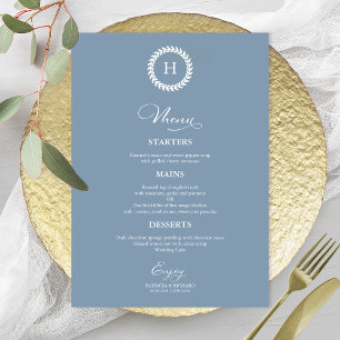 Wreath Monogram Wedding Menu Cards Dusty Blue