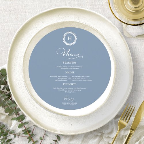 Wreath Monogram Wedding Menu Cards Dusty Blue