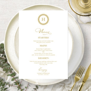 Wreath Monogram Wedding Menu Cards Gold