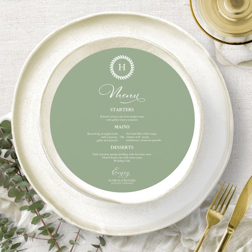 Wreath Monogram Wedding Menu Cards Green Sage