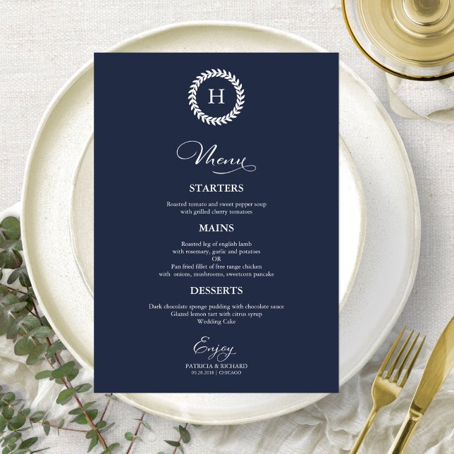 Wreath Monogram Wedding Menu Cards Navy blue (Creator Uploaded)