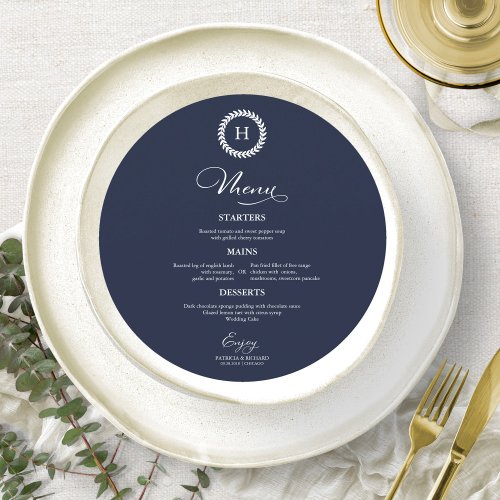 Wreath Monogram Wedding Menu Cards Navy Blue