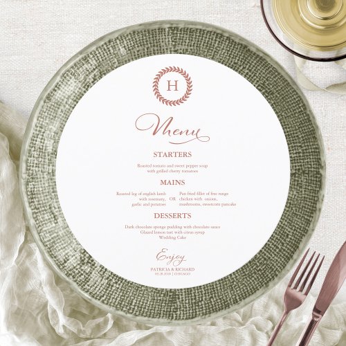 Wreath Monogram Wedding Menu Cards Rose Gold