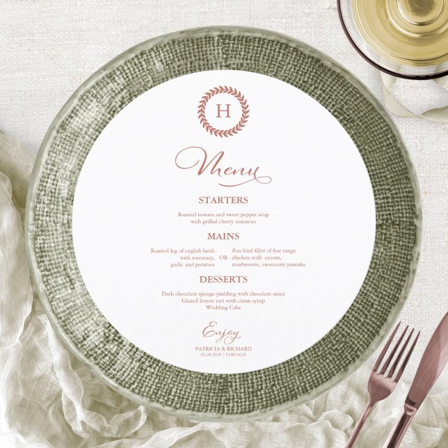 Wreath Monogram Wedding Menu Cards Rose Gold (Creator Uploaded)