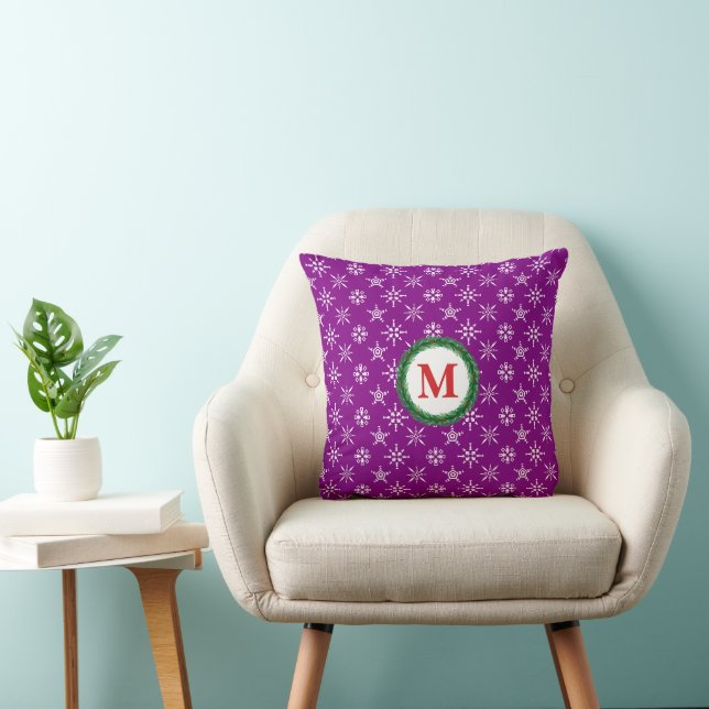 Wreath Monogram White Snowflakes Purple Background Throw Pillow (Chair)