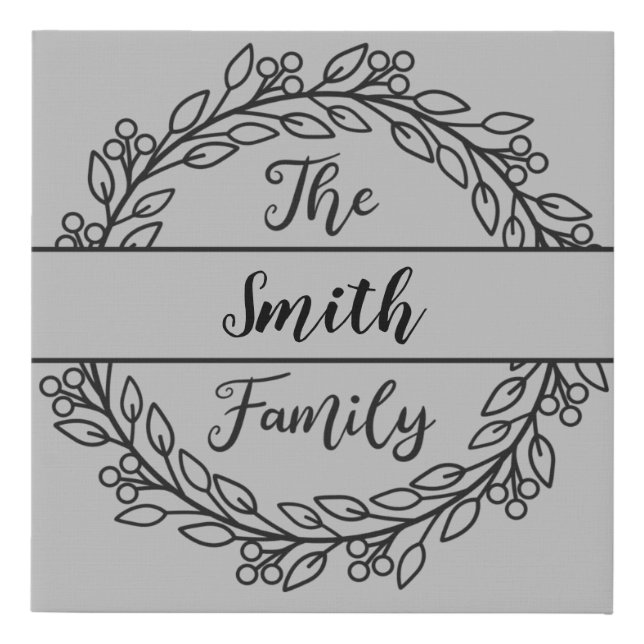 Wreath Monogram with Family Name Faux Canvas Print (Front)