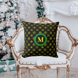 Wreath Monogram Yellow Snowflakes in Black Throw Pillow