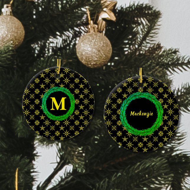 Wreath Monogram Your Name Black Yellow Snowflakes Ceramic Ornament (Wreath Monogram Your Name Black Yellow Snowflakes Ceramic Ornament)