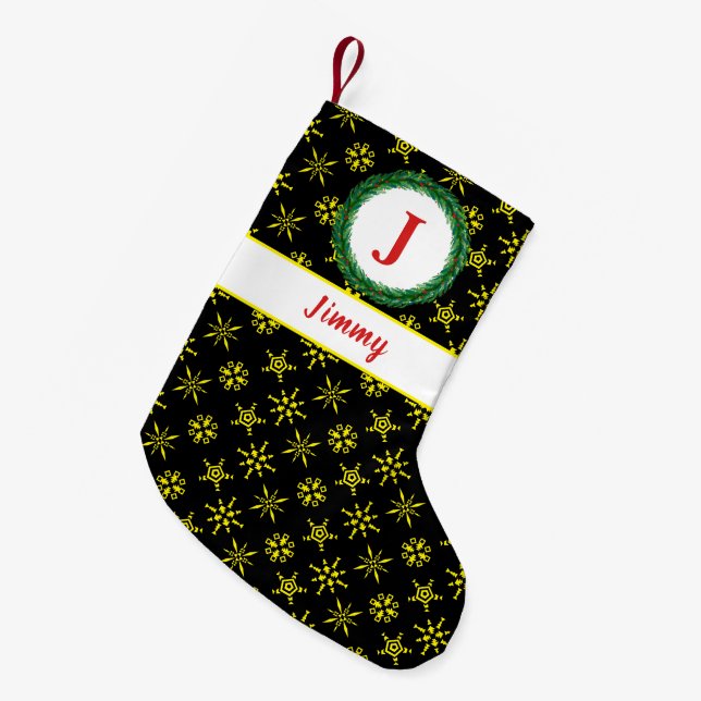 Wreath Monogram Your Name Black Yellow Snowflakes Small Christmas Stocking (Front (Hanging))