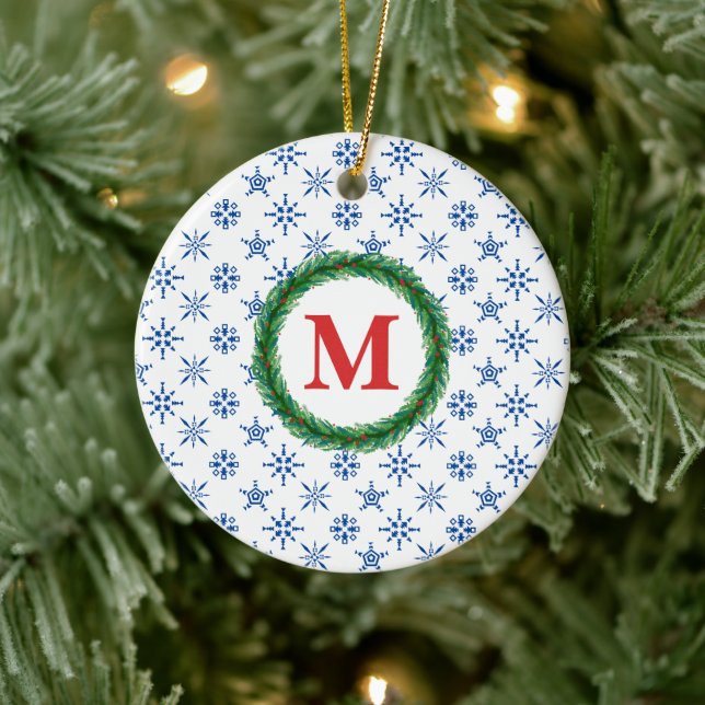 Wreath Monogram Your Name Blue Snowflakes White Ceramic Ornament (Tree)