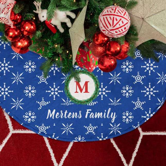 Wreath Monogram Your Name Blue & White Snowflakes Brushed Polyester Tree Skirt (Wreath Monogram Your Name Blue & White Snowflakes Brushed Polyester Tree Skirt)