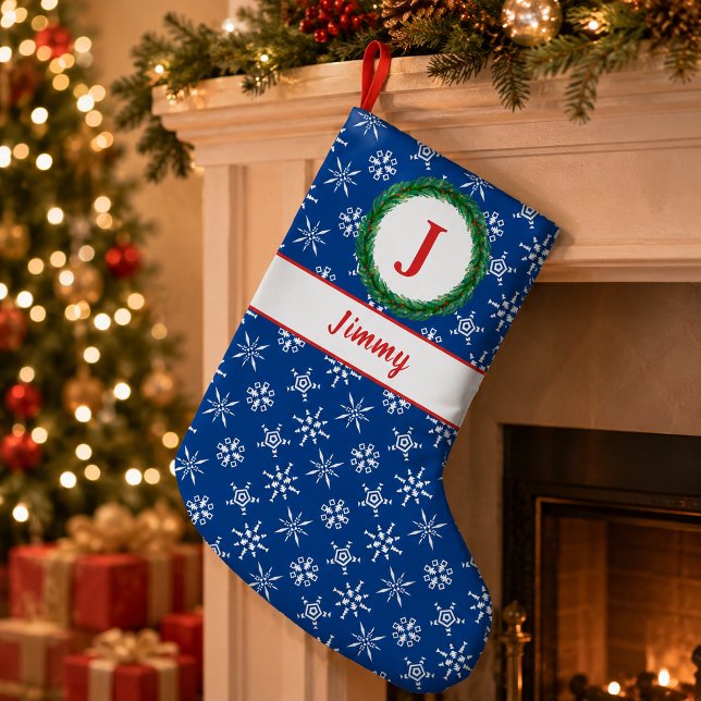 Wreath Monogram Your Name Blue & White Snowflakes Small Christmas Stocking (Wreath Monogram Your Name Blue & White Snowflakes Small Christmas Stocking)