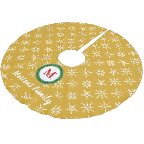 Wreath Monogram Your Name Gold  White Snowflakes Brushed Polyester Tree Skirt