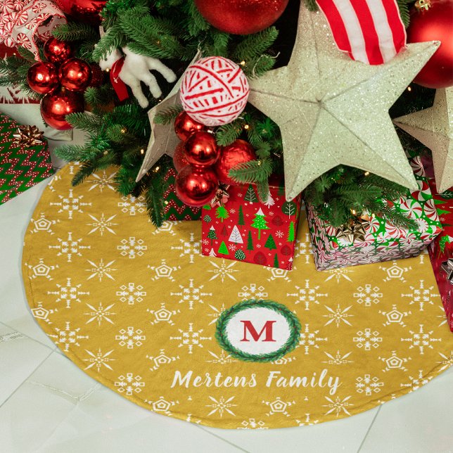 Wreath Monogram Your Name Gold & White Snowflakes Brushed Polyester Tree Skirt (Wreath Monogram Your Name Gold & White Snowflakes Brushed Polyester Tree Skirt)