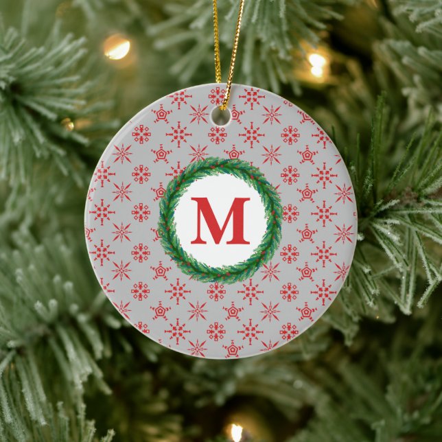Wreath Monogram Your Name Red Snowflakes Silver Ceramic Ornament (Tree)