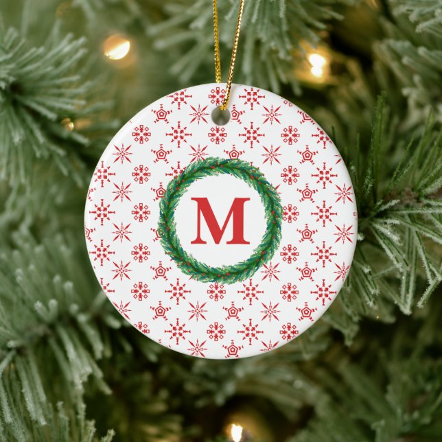 Wreath Monogram Your Name Red Snowflakes White Ceramic Ornament (Tree)