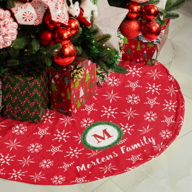 Wreath Monogram Your Name Red & White Snowflakes Brushed Polyester Tree Skirt (Wreath Monogram Your Name Red & White Snowflakes Brushed Polyester Tree Skirt)