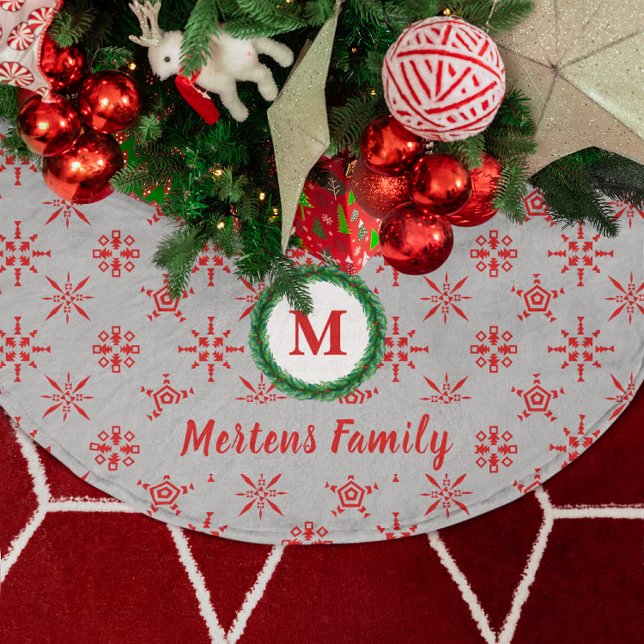 Wreath Monogram Your Name Silver & Red Snowflakes Brushed Polyester Tree Skirt (Wreath Monogram Your Name Silver & Red Snowflakes Brushed Polyester Tree Skirt)