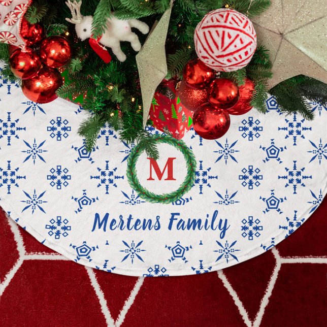 Wreath Monogram Your Name White & Blue Snowflakes Brushed Polyester Tree Skirt (Wreath Monogram Your Name White & Blue Snowflakes Brushed Polyester Tree Skirt)