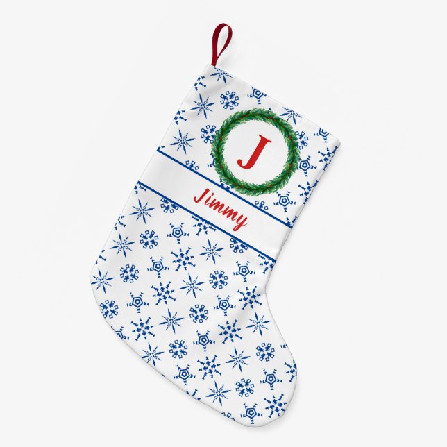 Wreath Monogram Your Name White & Blue Snowflakes Small Christmas Stocking (Front (Hanging))