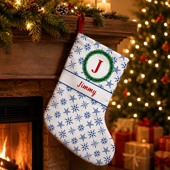 Wreath Monogram Your Name White & Blue Snowflakes Small Christmas Stocking (Wreath Monogram Your Name White & Blue Snowflakes Small Christmas Stocking)