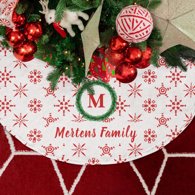 Wreath Monogram Your Name White & Red Snowflakes Brushed Polyester Tree Skirt (Wreath Monogram Your Name White & Red Snowflakes Brushed Polyester Tree Skirt)