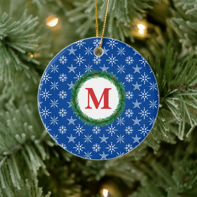 Wreath Monogram Your Name White Snowflakes Blue Ceramic Ornament (Tree)