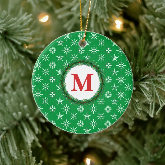 Wreath Monogram Your Name White Snowflakes Green Ceramic Ornament (Tree)