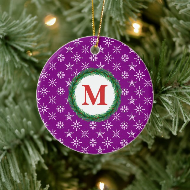 Wreath Monogram Your Name White Snowflakes Purple Ceramic Ornament (Tree)