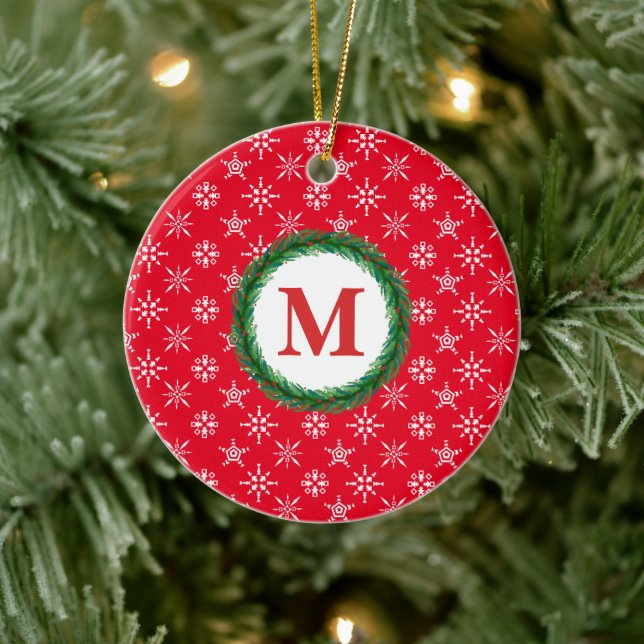 Wreath Monogram Your Name White Snowflakes Red Ceramic Ornament (Tree)