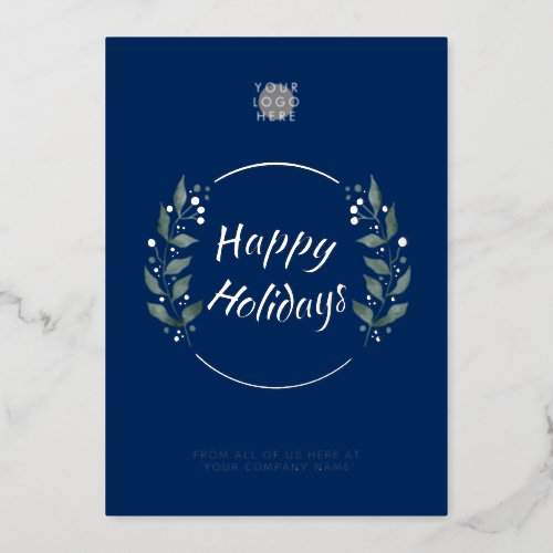 Wreath Navy Blue Business Holiday Silver Foil Card