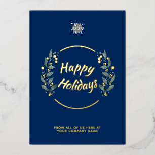 Wreath Navy Blue Business Holidays Gold Foil Card
