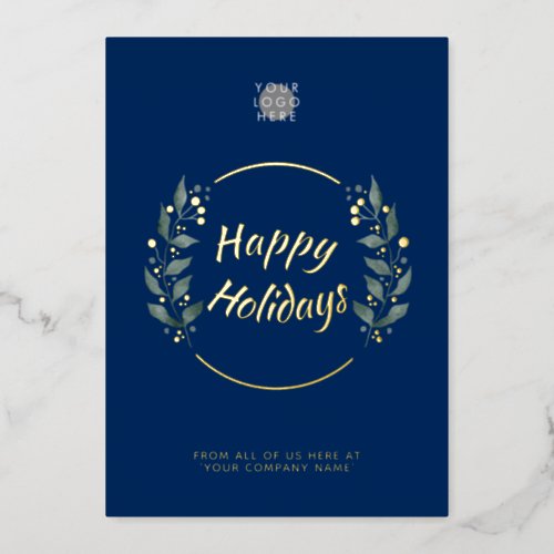 Wreath Navy Blue Business Holidays Gold Foil Card