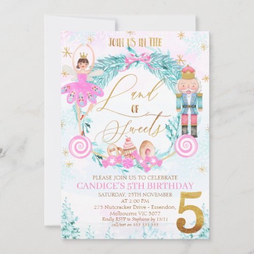 Wreath Nutcracker Land of Sweets 5th Birthday Invitation