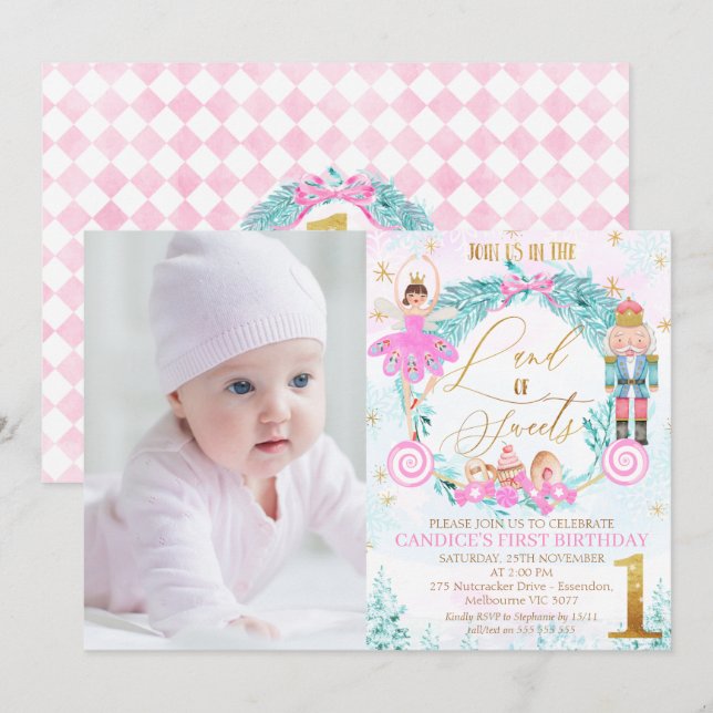 Wreath Nutcracker Land of Sweets Photo Birthday Invitation (Front/Back)