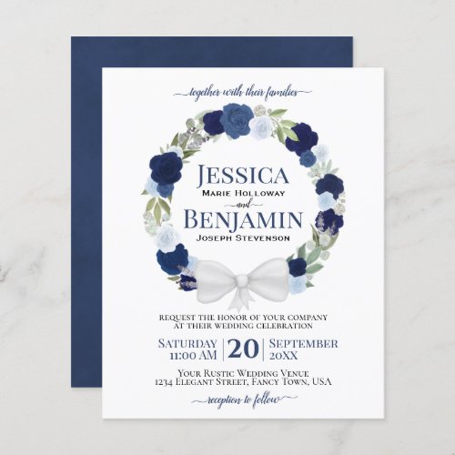 Wreath of Blue Roses Elegant BUDGET Wedding Invite