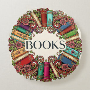 Wreath of Books Book Lovers Writers Bibliophiles Round Pillow