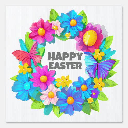 Wreath of Colorful Easter Flowers Sign
