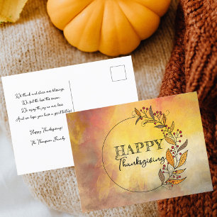 Wreath of Doodle Leaves and Berries Thanksgiving  Holiday Postcard