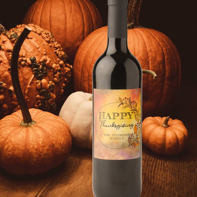 Wreath Of Doodle Leaves and Berries Thanksgiving  Wine Label (Creator Uploaded)