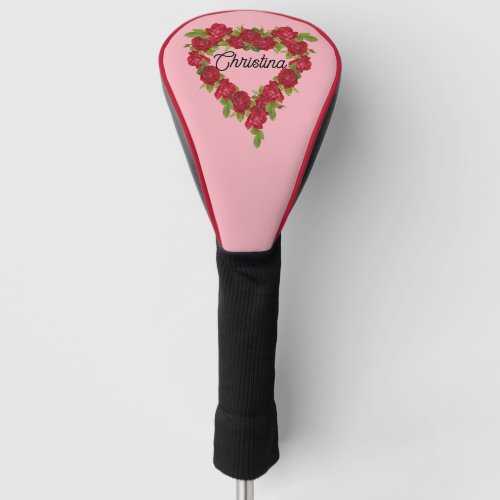 Wreath of Elegant Red Roses in Heart Shape Pink Golf Head Cover