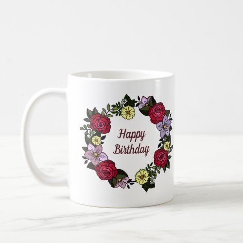 Wreath of Flowers Happy Birthday Coffee Mug