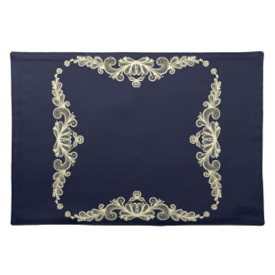Wreath of Gold Flowers on Navy Blue Cloth Placemat