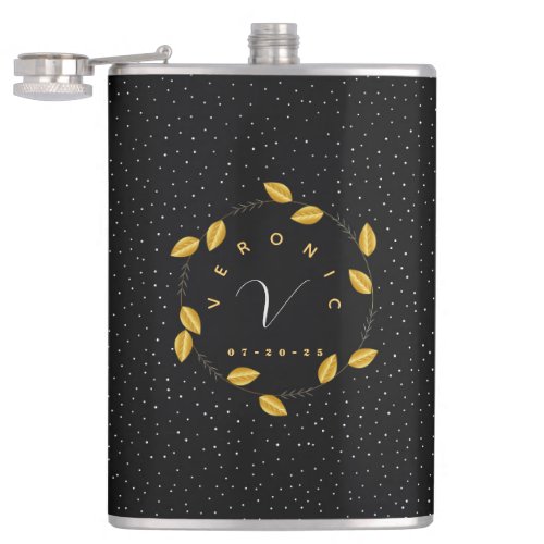 Wreath of golden leaves dotty monogram Flask